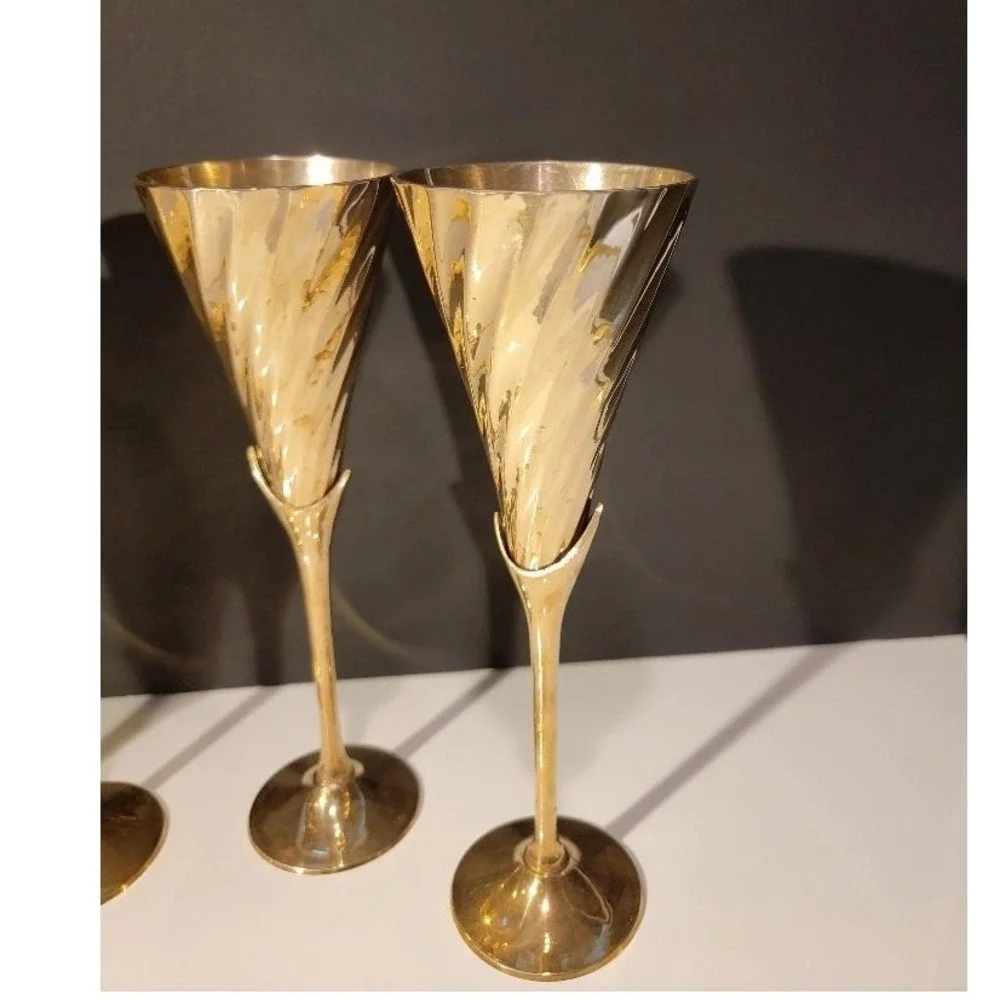 Vintage Brass Champagne Flutes Set of 4 Celebration Toasting New Year 